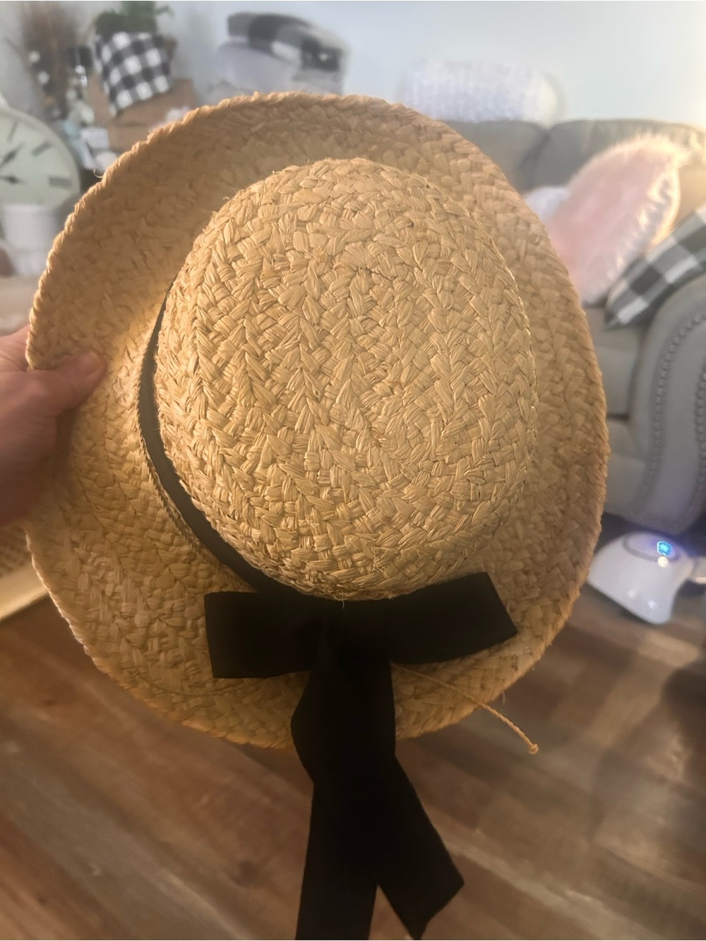 The Scala Collection Raffia Hat New Wide Brim Natural Black Ribbon Bow One Size
